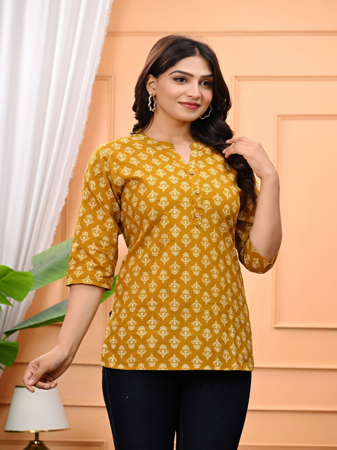 Mustard Yellow Printed Short Kurti With 3/4 Sleeves
