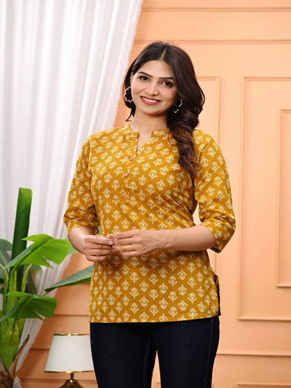 Mustard Yellow Printed Short Kurti With 3/4 Sleeves