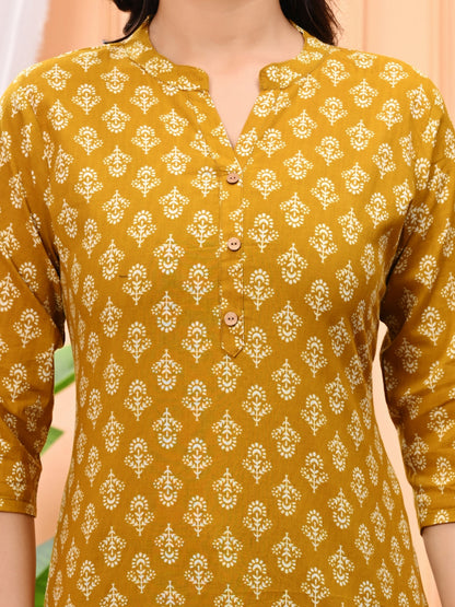 Mustard Yellow Printed Short Kurti With 3/4 Sleeves