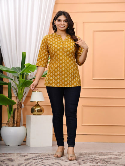 Mustard Yellow Printed Short Kurti With 3/4 Sleeves