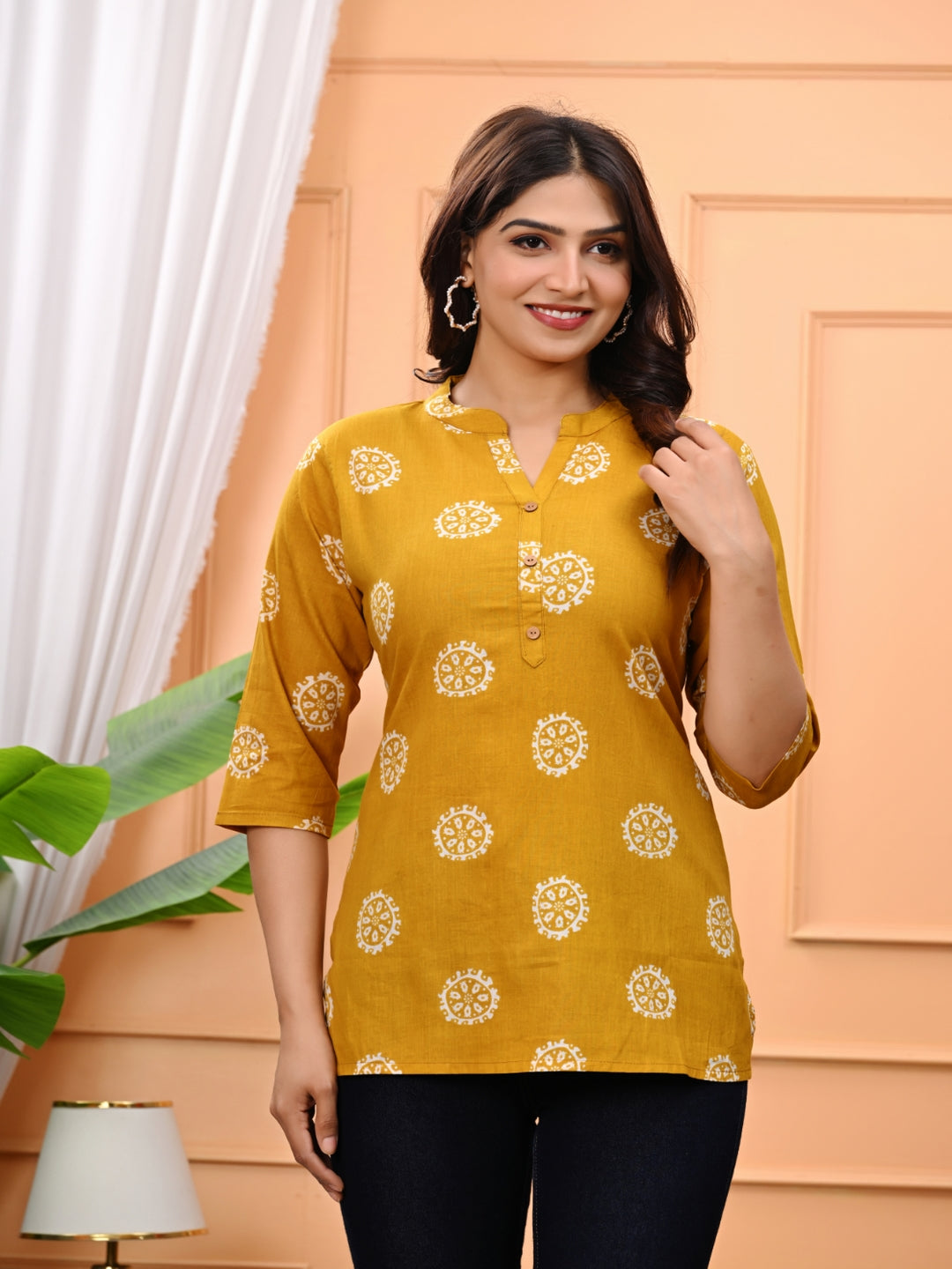 Mustard Yellow Floral Print Short Kurti With Wooden Buttons