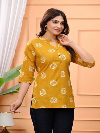 Mustard Yellow Floral Print Short Kurti With Wooden Buttons