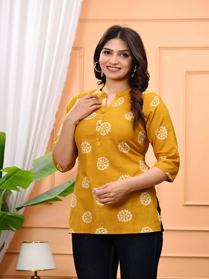 Mustard Yellow Floral Print Short Kurti With Wooden Buttons