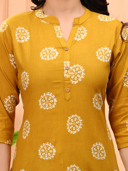 Mustard Yellow Floral Print Short Kurti With Wooden Buttons