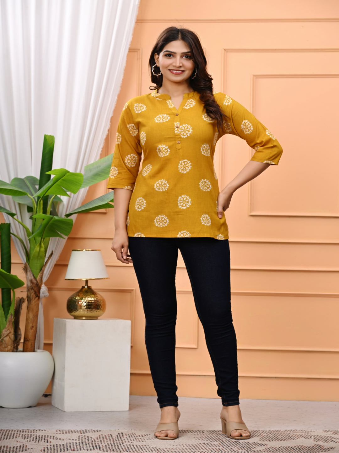 Mustard Yellow Floral Print Short Kurti With Wooden Buttons