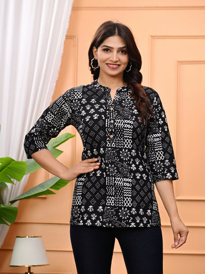 Black & White Patch Print Short Kurti With Mandarin Collar