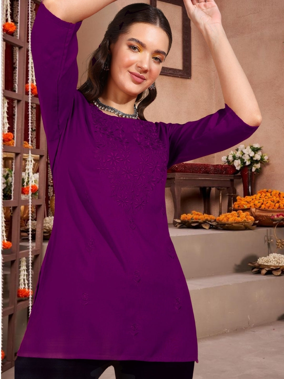 Deep Purple Embroidered Rayon Short Kurta