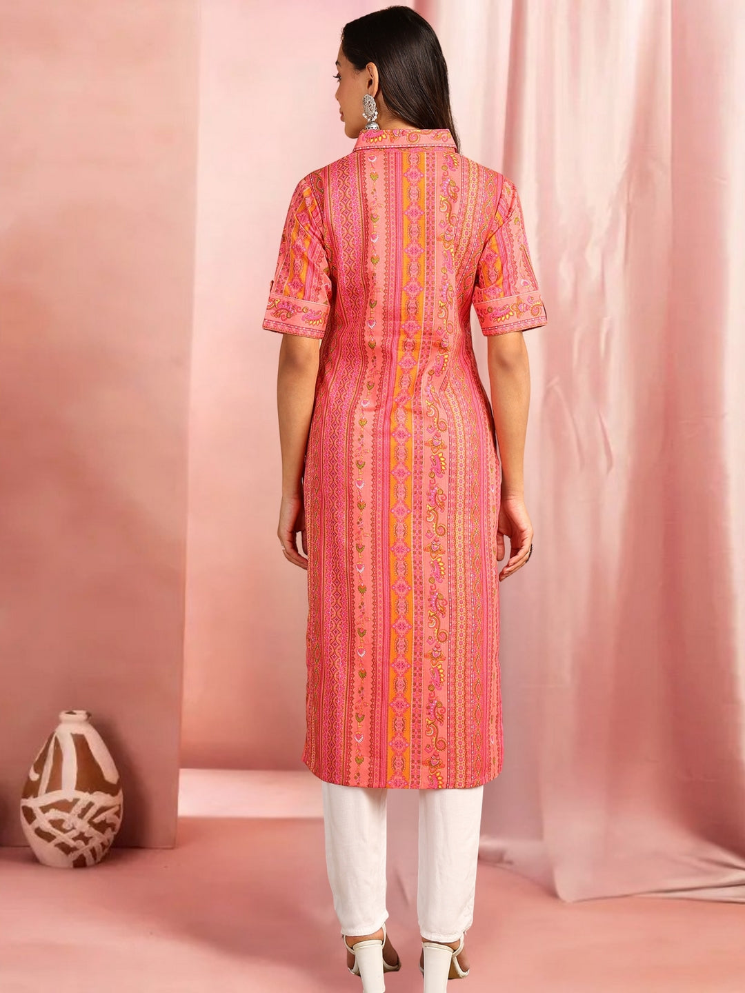 Pink & Orange Printed Straight Kurta