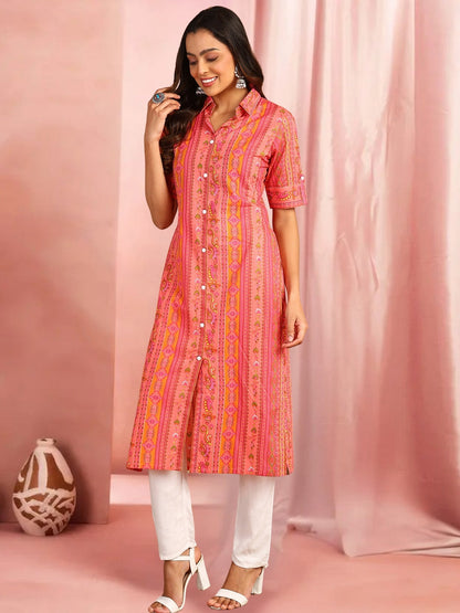 Pink & Orange Printed Straight Kurta