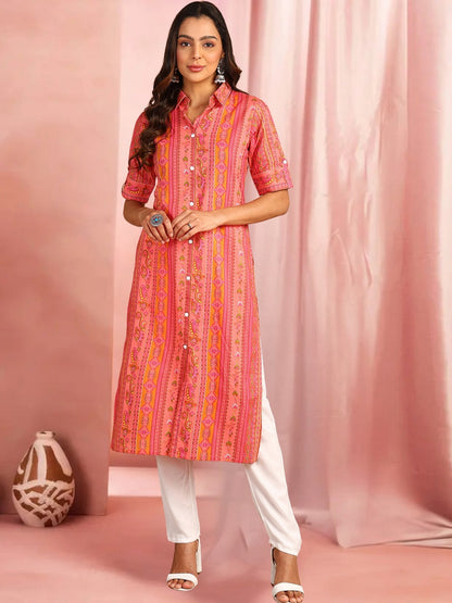 Pink & Orange Printed Straight Kurta
