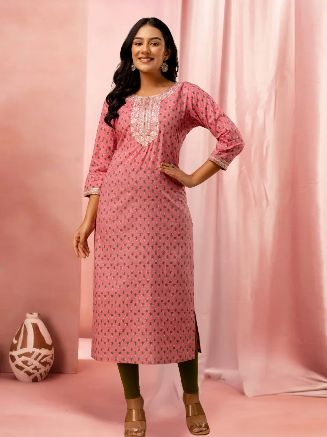 Pink Cotton Printed Straight Kurta With Embroidered Neck
