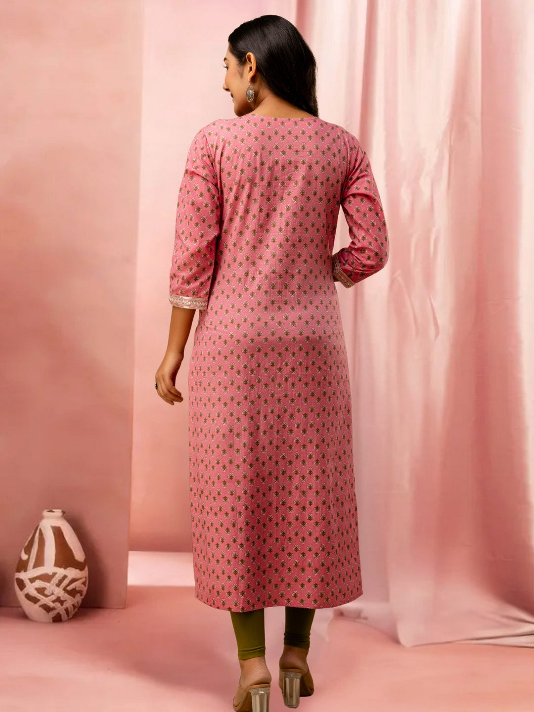 Pink Cotton Printed Straight Kurta With Embroidered Neck