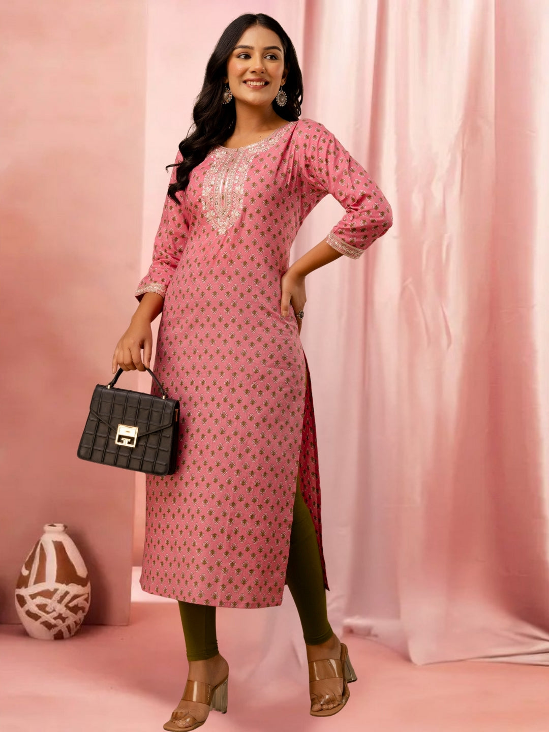 Pink Cotton Printed Straight Kurta With Embroidered Neck