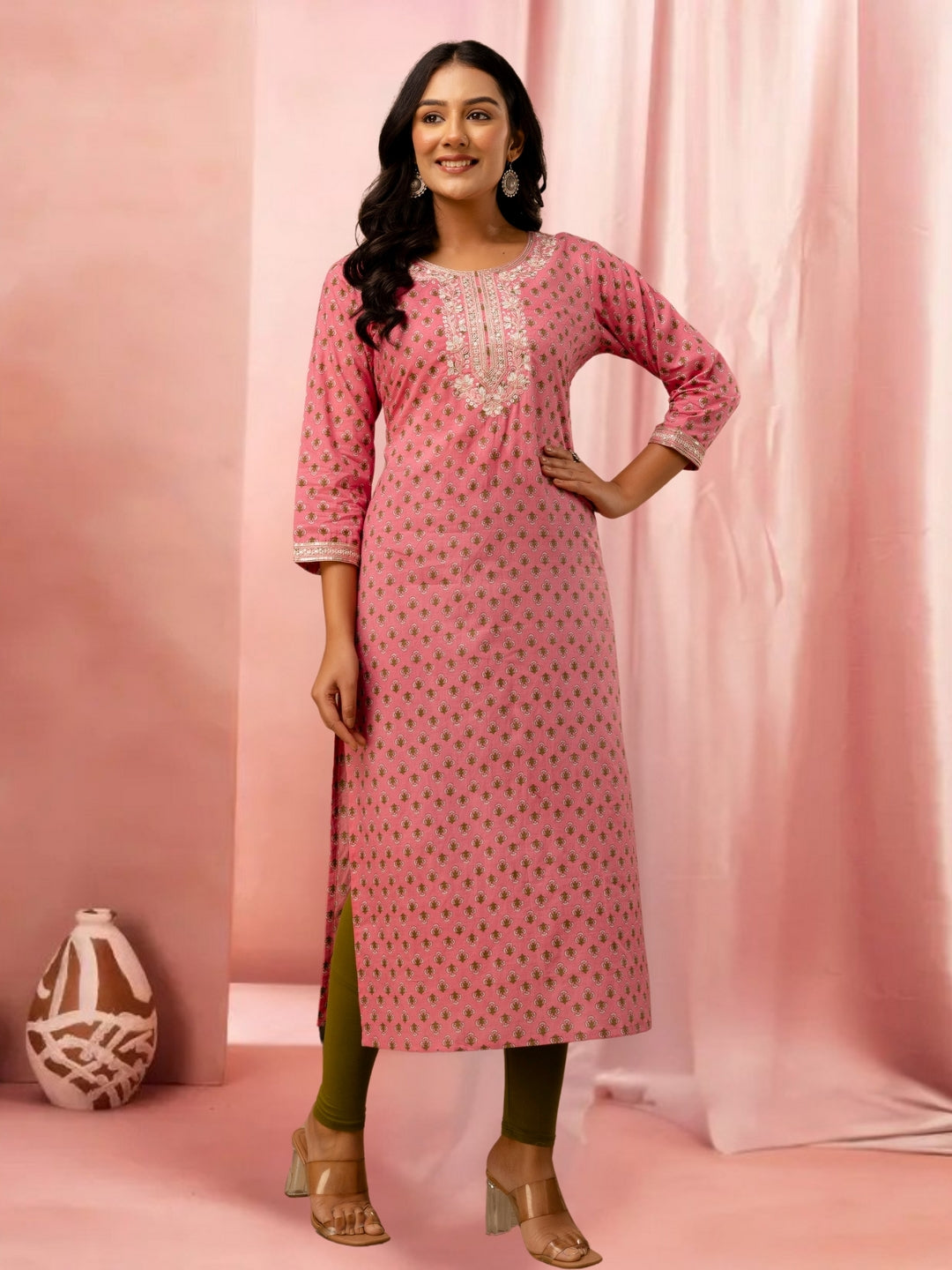 Pink Cotton Printed Straight Kurta With Embroidered Neck