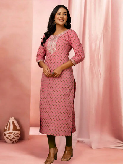 Pink Cotton Printed Straight Kurta With Embroidered Neck