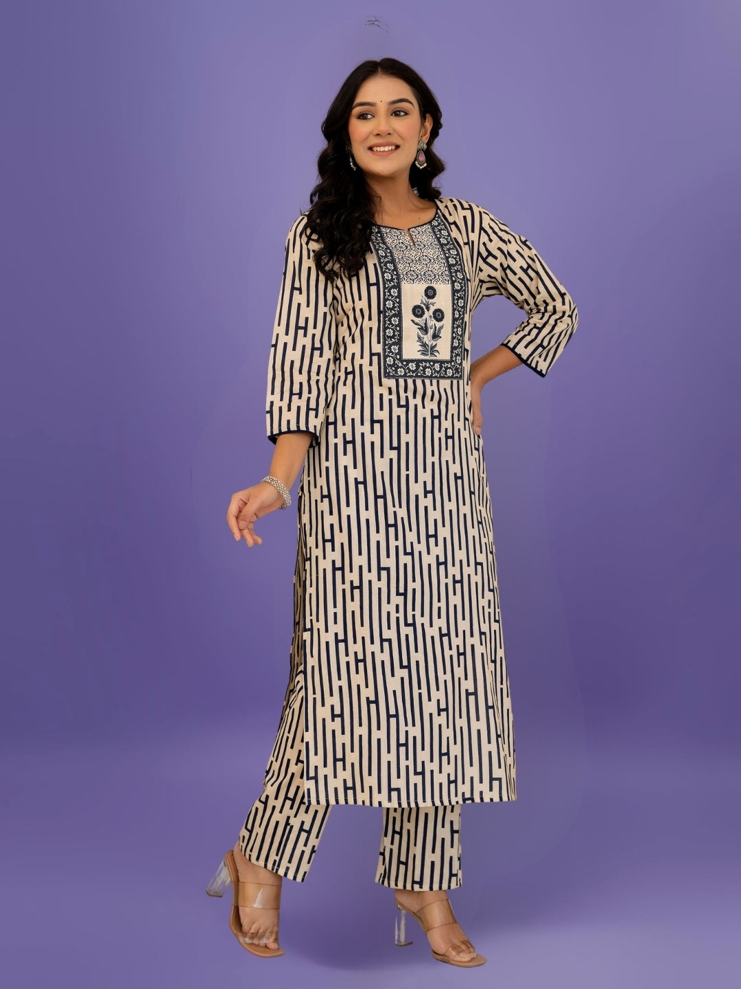 Elegant Black & Beige Striped Cotton Kurta Set