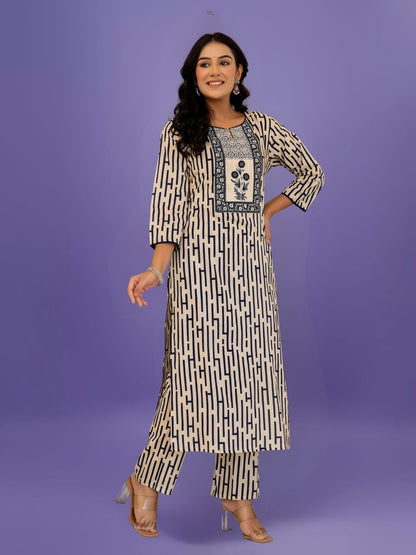Elegant Black & Beige Striped Cotton Kurta Set