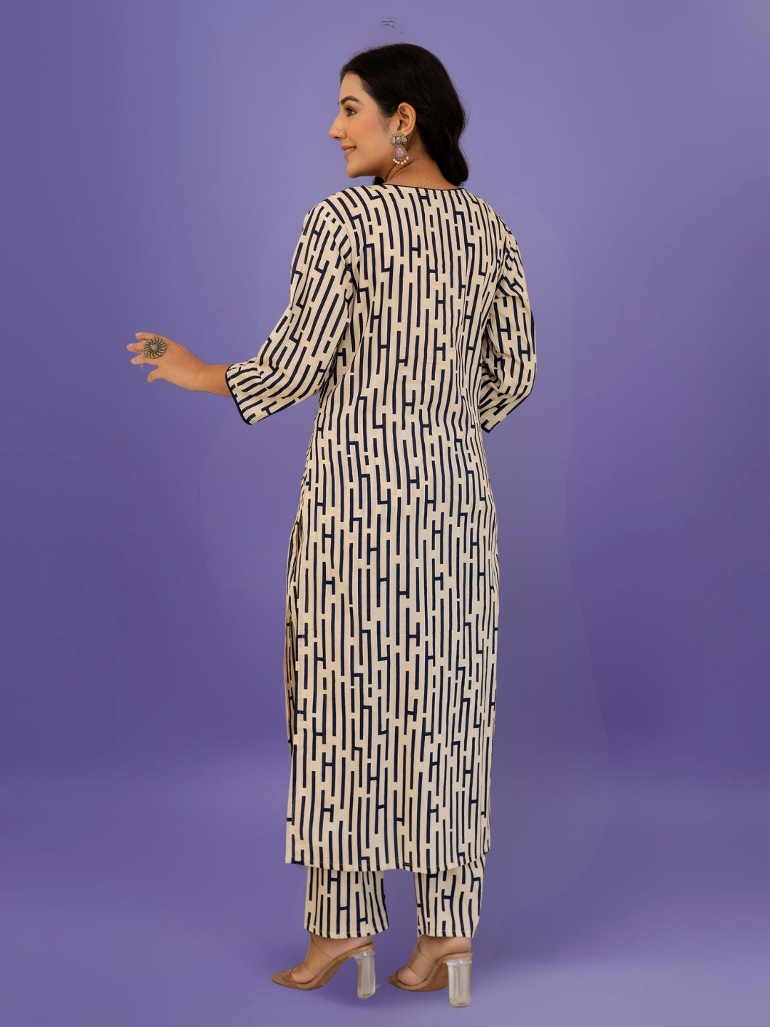 Elegant Black & Beige Striped Cotton Kurta Set