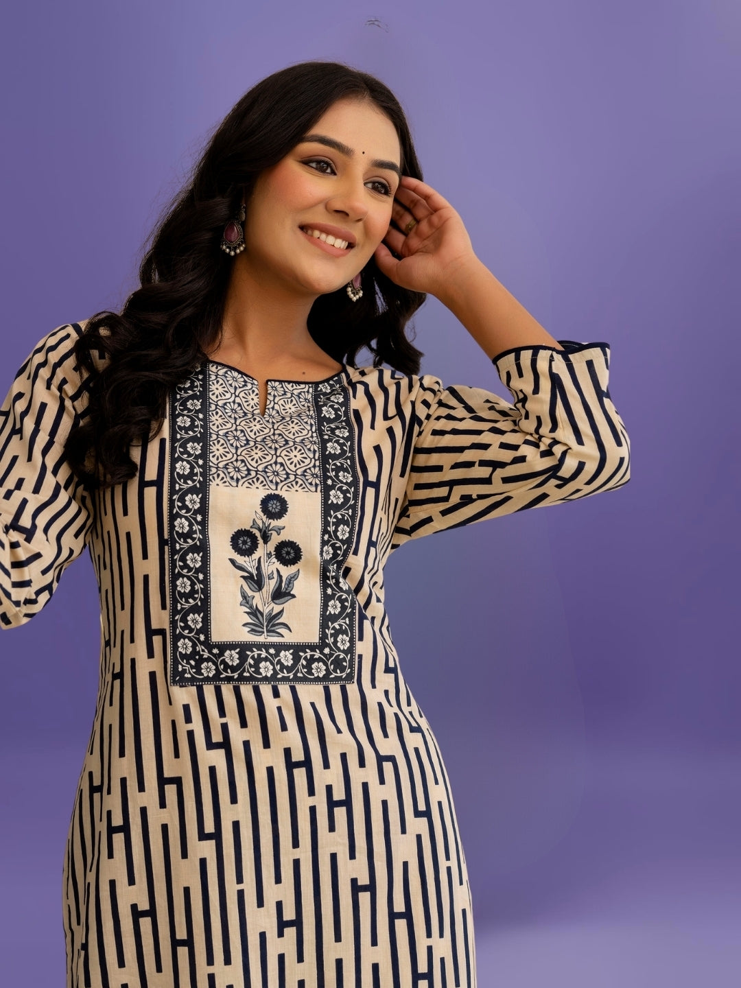 Elegant Black & Beige Striped Cotton Kurta Set