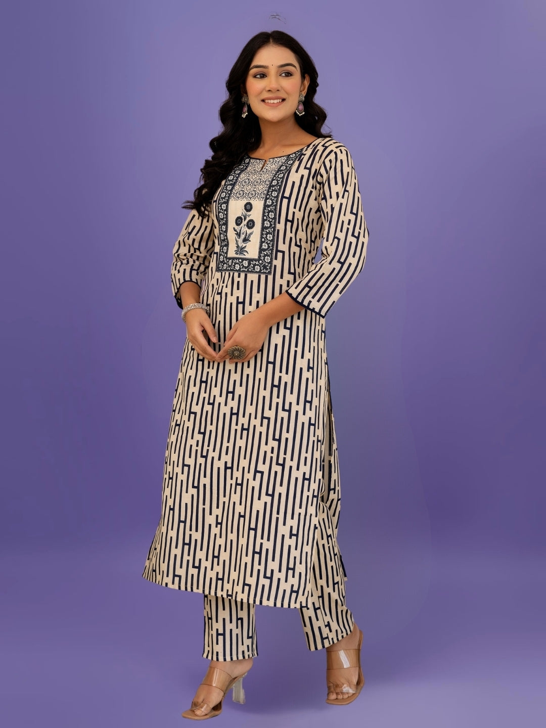 Elegant Black & Beige Striped Cotton Kurta Set