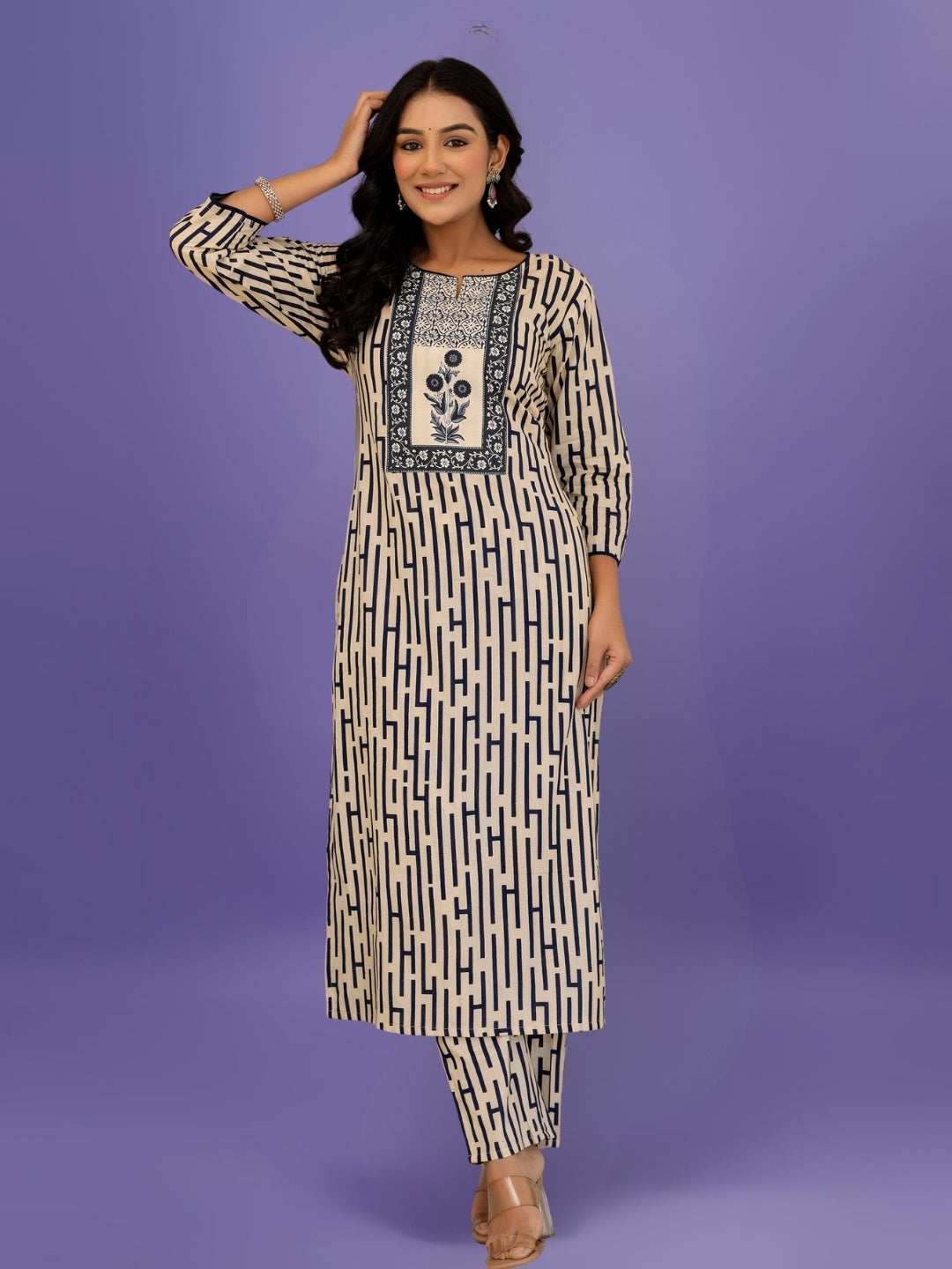 Elegant Black & Beige Striped Cotton Kurta Set