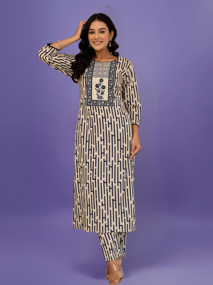 Elegant Black & Beige Striped Cotton Kurta Set