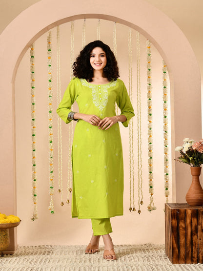 Lime Green Embroidered Kurti Pant Set With Square Neck