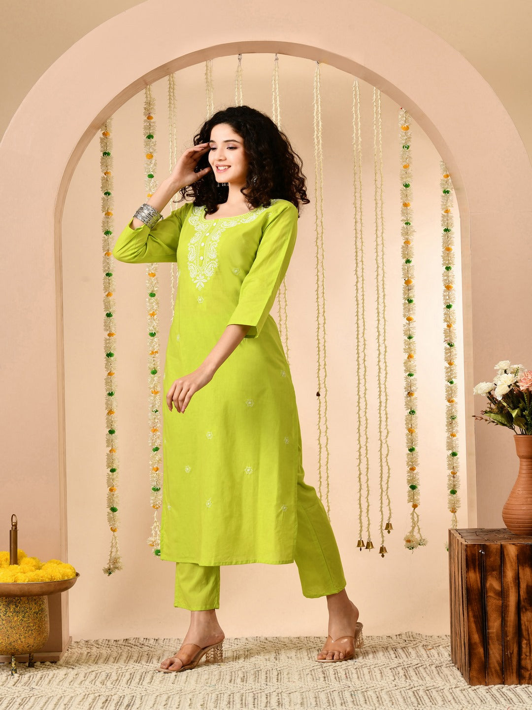 Lime Green Embroidered Kurti Pant Set With Square Neck