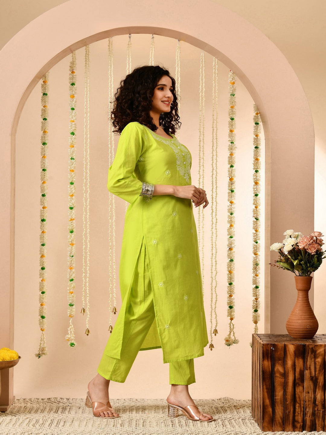 Lime Green Embroidered Kurti Pant Set With Square Neck