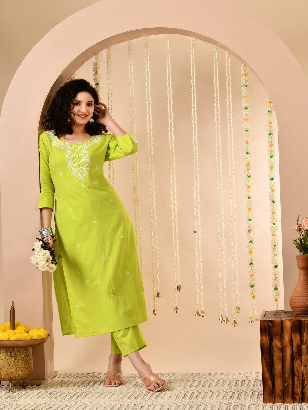 Lime Green Embroidered Kurti Pant Set With Square Neck