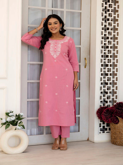Pink Embroidered Kurti Pant Set With Square Neck