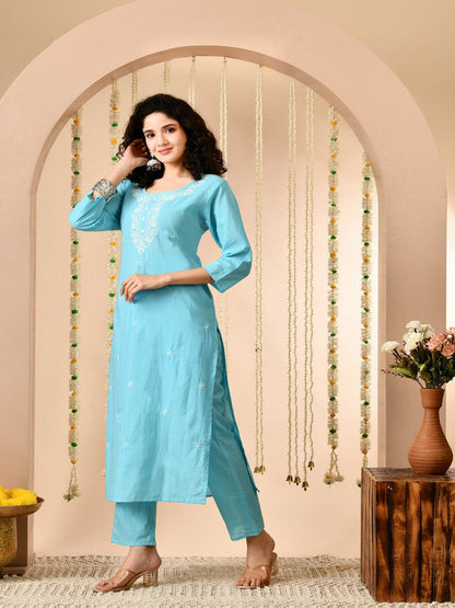 Sky Blue Embroidered Kurti Pant Set With Square Neck