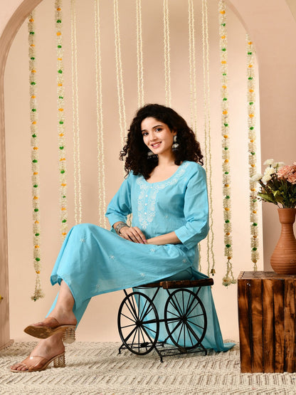 Sky Blue Embroidered Kurti Pant Set With Square Neck
