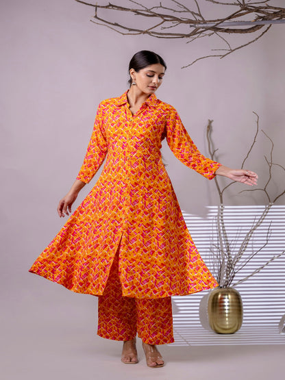 Orange & Pink Printed Flared Kurta With Trousers