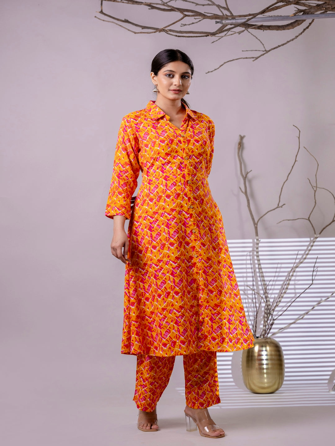 Orange & Pink Printed Flared Kurta With Trousers