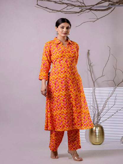 Orange & Pink Printed Flared Kurta With Trousers