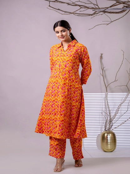 Orange & Pink Printed Flared Kurta With Trousers