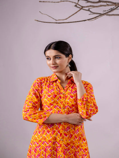 Orange & Pink Printed Flared Kurta With Trousers