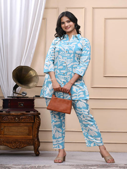 Blue Cotton Collar Neck Floral Printed Co-Ords Set