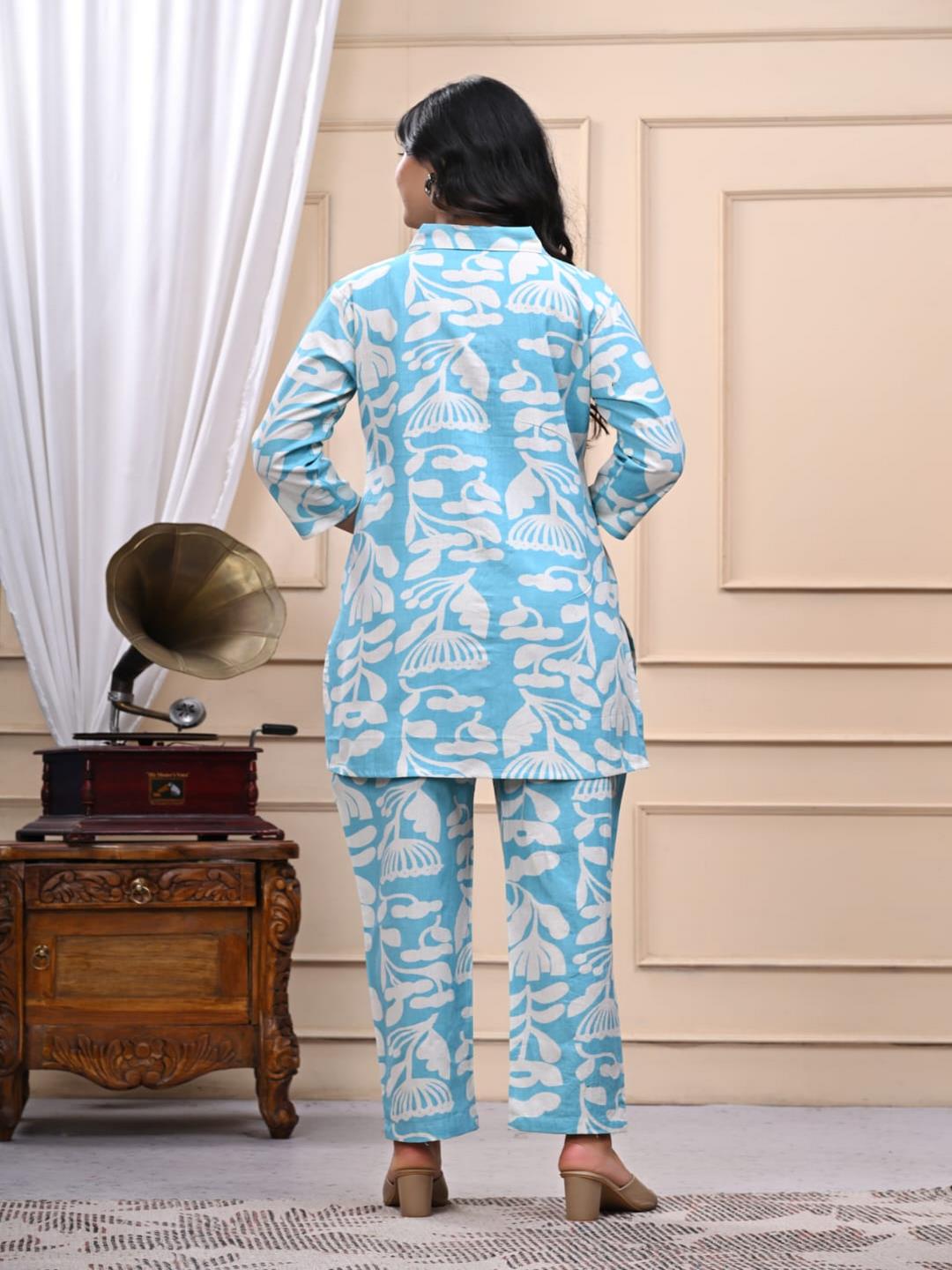 Blue Cotton Collar Neck Floral Printed Co-Ords Set