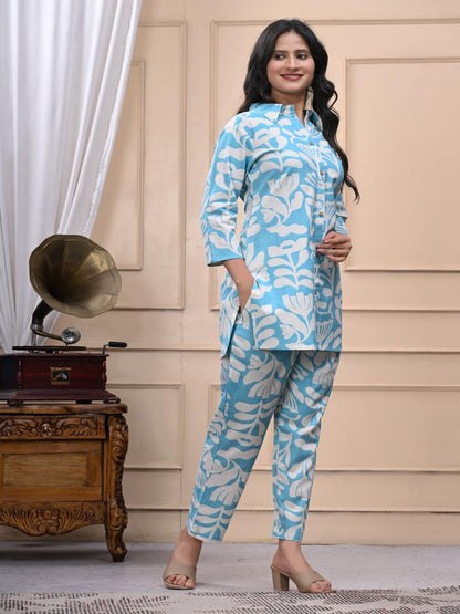 Blue Cotton Collar Neck Floral Printed Co-Ords Set