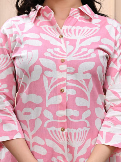 Pink Cotton Collar Neck Floral Printed Co-Ords Set