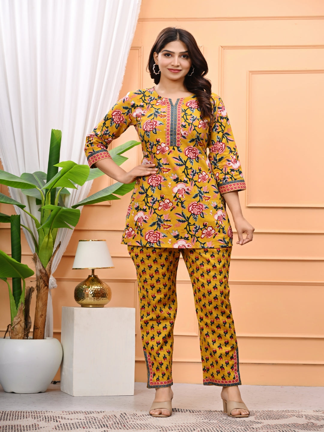 Yellow Floral Printed Straight Kurta With Tapered Pants Set