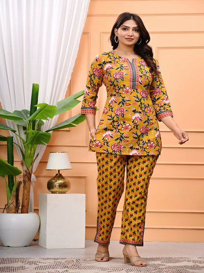 Yellow Floral Printed Straight Kurta With Tapered Pants Set
