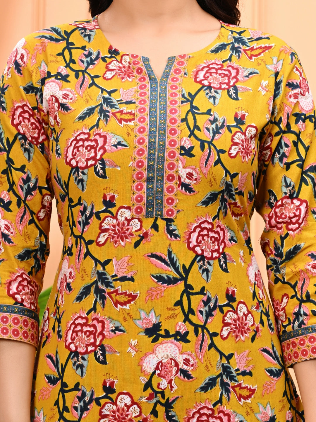 Yellow Floral Printed Straight Kurta With Tapered Pants Set