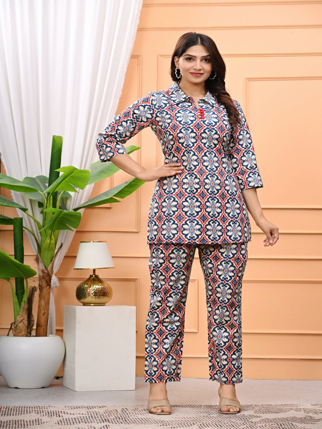 Multicolor Geometric Print Co-Ord Set With Shirt Collar