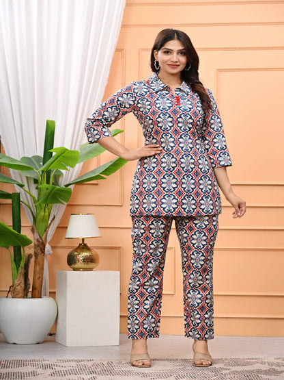 Multicolor Geometric Print Co-Ord Set With Shirt Collar