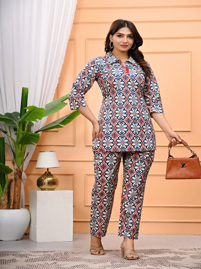Multicolor Geometric Print Co-Ord Set With Shirt Collar