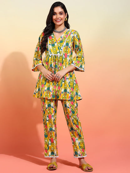 Multicolour Ikat Printed Peplum Kurta With Trousers