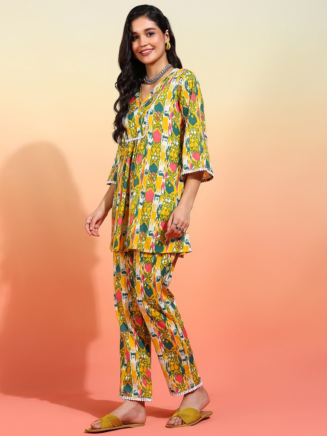 Multicolour Ikat Printed Peplum Kurta With Trousers